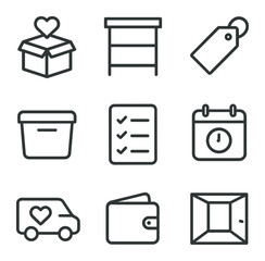 Minimalist Icon Set. Outline icon set of minimalism and decluttering: box donation, empty shelf, label tag, storage bin, checklist
