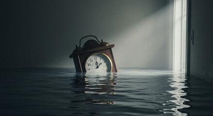 Vintage Alarm Clock Sinking into Dark Water Under Dramatic Light Beam. Concept of Time Running Out, Lost Time, Drowning in Responsibilities, or Submerged Memories.