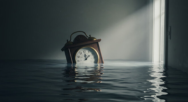 Vintage Alarm Clock Sinking into Dark Water Under Dramatic Light Beam. Concept of Time Running Out, Lost Time, Drowning in Responsibilities, or Submerged Memories.
