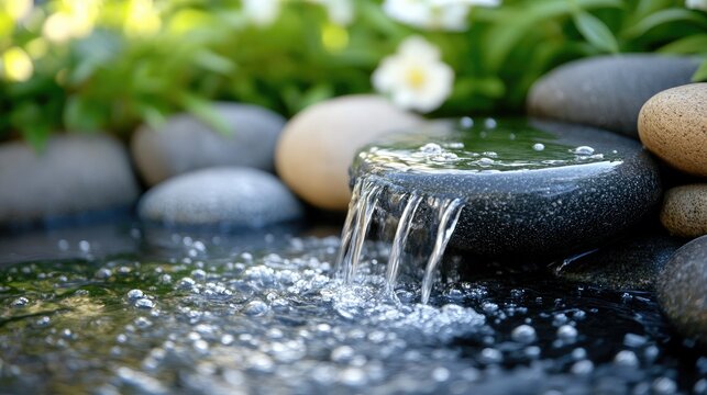 A tranquil water feature cascade over smooth stones. - Powered by Adobe