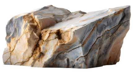 Blunt corner boulder fragment with natural mineral seams, isolated on white background