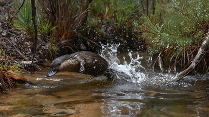 Fototapeta premium A playful platypus splashes in a serene stream surrounded by lush greenery and rocks