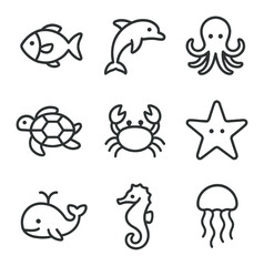 Ocean Creatures Icons. Outline icon set of ocean creatures coloring worksheet: fish, dolphin, octopus, sea turtle, crab, starfish,