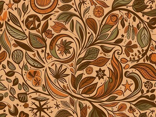 Boho seamless pattern with hand-drawn symbols and earthy tones