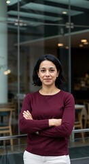 Fototapeta premium Portrait of beautiful successful hispanic young business woman with crossed arms smiling at camera. Latin or eastern confident middle age female ceo leader businesswoman standing in office. Copy space