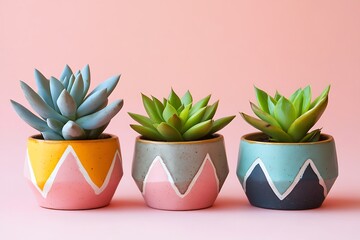 Succulent plants in colorful pots for home decor and gardening ideas on pink background still life art 100