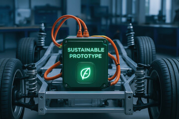 Fototapeta premium Sustainable engineering work electric vehicle prototype with visible chassis and wiring workshop environment inspiring innovation and progress
