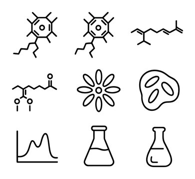 Photosynthetic Pigments Icons. Outline icon set of photosynthetic pigments: chlorophyll a, chlorophyll b, carotenoid, xanthophyll,