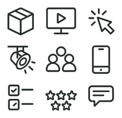 Product Demo Icons. Outline icon set of product demo session: product box, screen play button, pointer click, spotlight, audience