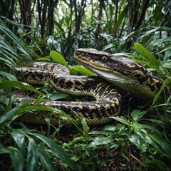 Fototapeta premium Python Slithering Through Jungle Foliage