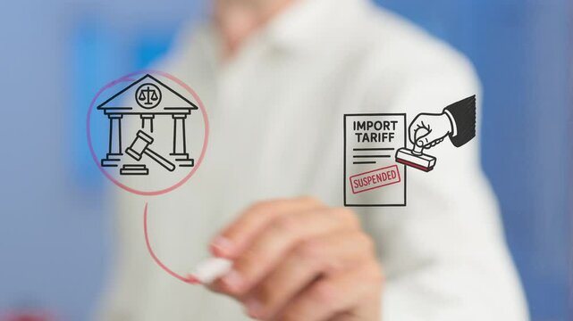 Legal and trade concept representing businessmen connecting courthouse icon and import tariff document with suspended stamp, signaling international commerce regulations