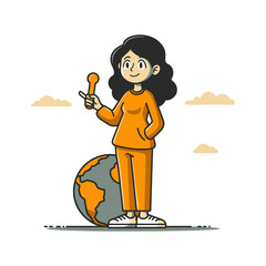 Illustration of a woman standing beside a globe holding a lightbulb, conceptual drawing