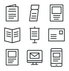 Promotional Materials Icons. Outline icon set of promotional materials design: program booklet, ticket stub, poster mockup,