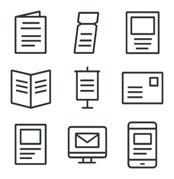 Promotional Materials Icons. Outline icon set of promotional materials design: program booklet, ticket stub, poster mockup,