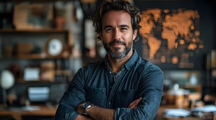 Obraz premium Confident startup founder in a modern office surrounded by business analytics