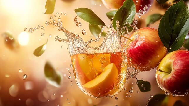 A vibrant splash of apple juice with whole apples and green leaves in golden light
