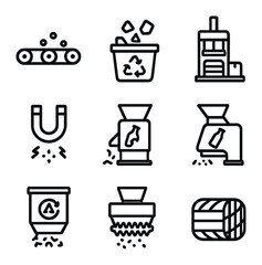 Recycling Workflow Icons. Outline icon set of recycling center workflow: conveyor belt, sorting bin, baler press, magnetic
