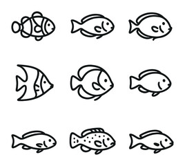 Reef Fish Icon Set. Outline icon set of reef fish species: clownfish, parrotfish, surgeonfish, angelfish, butterflyfish,