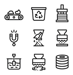 Recycling Workflow Icons. Outline icon set of recycling center workflow: conveyor belt, sorting bin, baler press, magnetic