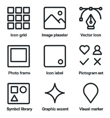 Black Icon Grid. Outline icon set of icon and imagery use: icon grid, image placeholder, vector icon, photo frame, icon label,
