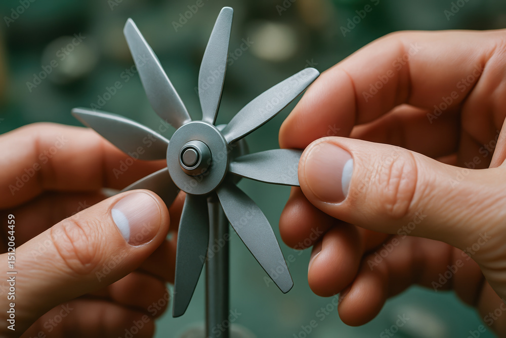 Poster sustainable engineering work is represented by hands assembling small wind turbine model symbolizing