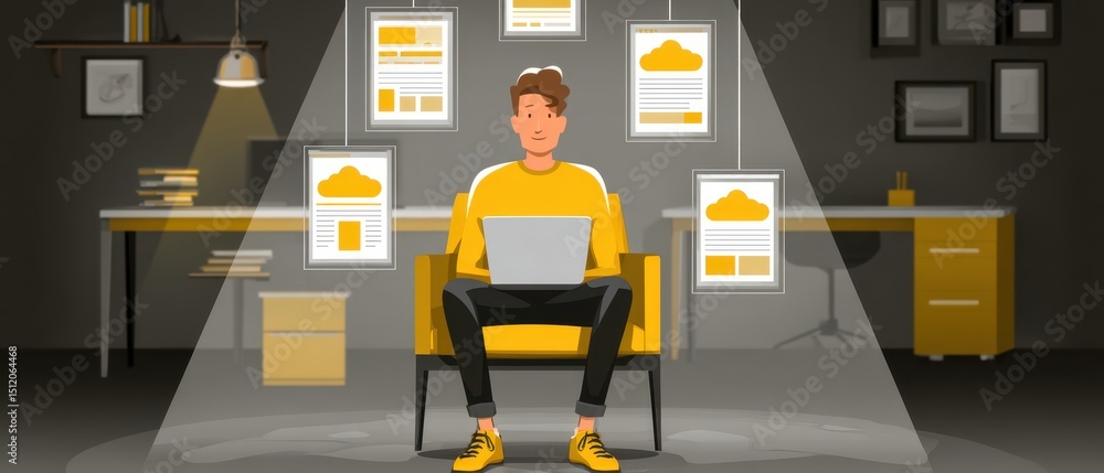 Poster Freelancer Uploading Project to Cloud Space with Laptop in Cozy Workspace Environment
