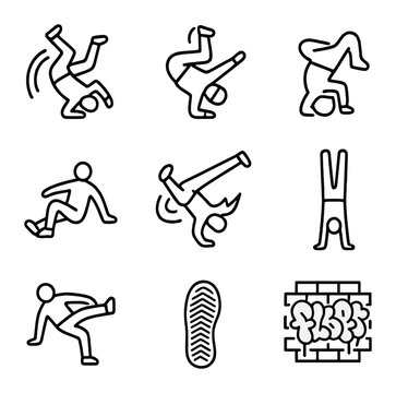 Breakdance Icon Set. Outline icon set of breakdance basics: windmill spin, headspin, baby freeze, backspin, power move flash,