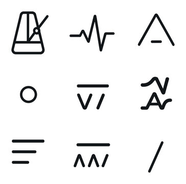 Rhythm and Meter Icons. Outline icon set of meter and rhythm: metronome, heartbeat line, stressed syllable mark, unstressed