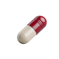 A single red and beige capsule isolated on a white background, representing medication or dietary supplements for health and wellness.