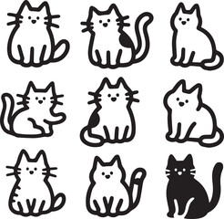 Cute Cat Silhouettes in Playful and Sitting Poses – Black and White Vector Set