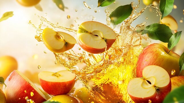 Apple juice splash with floating apple slices and whole apples surrounded by green leaves