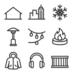 Fototapeta premium Rooftop Silent Disco Icons. Outline icon set of outdoor rooftop silent disco: rooftop silhouette, city skyline, snowflake icon,