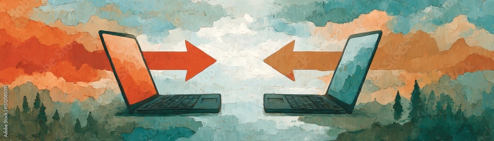 Poster networked laptops sharing data with arrows indicating transfer across a creative abstract background