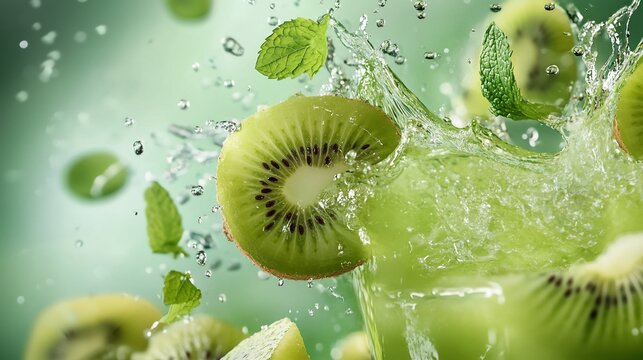 A dynamic splash of kiwi juice with sliced kiwis and mint leaves creating a refreshing scene
