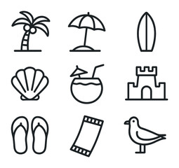 Seaside Relaxation Icons. Outline icon set of seaside hammock relaxation: palm tree, sun umbrella, surfboard, seashell, coconut