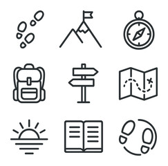 Self-Discovery Icons Set. Outline icon set of self-discovery journey: footprint trail, mountain peak, compass, backpack icon,