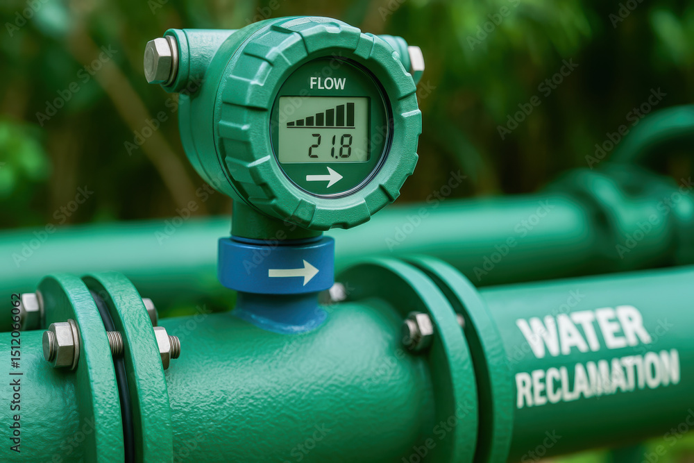 Poster water flow meter on green pipe for sustainable water reclamation work in engineering system with cle