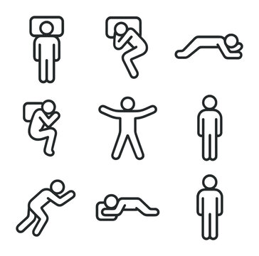 Sleep Position Icons. Outline icon set of sleep positions: back sleeper silhouette, side sleeper outline, stomach sleeper pose,