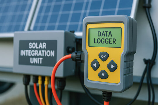 Data logger device connected to solar integration unit for sustainable engineering work in renewable energy monitoring and control system - Powered by Adobe