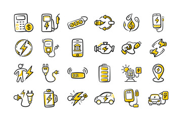 Electricity & Charging Icons – Hand-Drawn Power & Energy Doodle Set (Yellow/Black)

