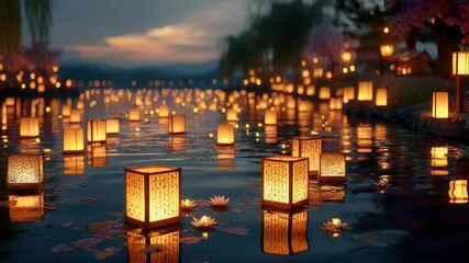 Serene Floating Lanterns on Water at Dusk, Japanese Festival Illumination with Reflections and Cherry Blossoms, Peaceful Evening Ambiance - Powered by Adobe