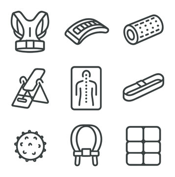 Spinal Alignment Icons. Outline icon set of spinal alignment tools: posture brace, back stretcher, foam roller, inversion table,