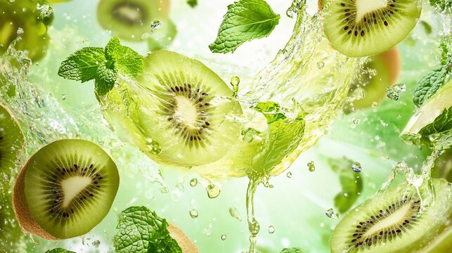 Kiwi Slices and Mint Leaves in a Refreshing Juice Splash with Water Drops