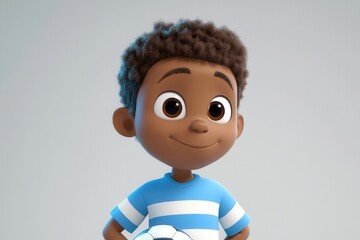 Cheerful Cartoon Boy football player  with Short Curly Hair in Blue and White Striped Shirt Holding a Soccer Ball Against a Light Gray Background