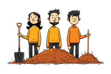 Illustration of three cartoon characters standing behind a pile of dirt with shovels