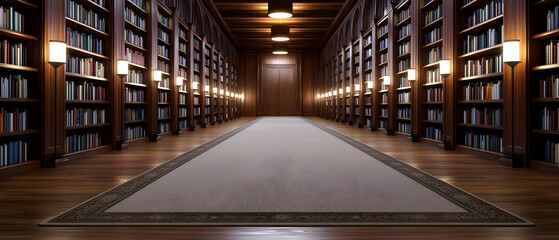 Fototapeta premium Grand Library Interior With Wooden Bookshelves And Beige Carpet