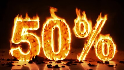 Burning 50 percent discount text in flaming letters on black background representing hot sale urgent shopping offer and promotion during seasonal retail campaign - Powered by Adobe