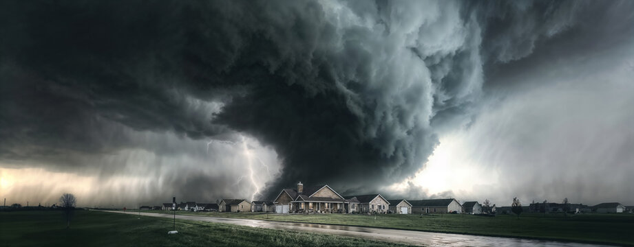 Grey tornado over community village. Illustration of natural phenomenon. AI-generated