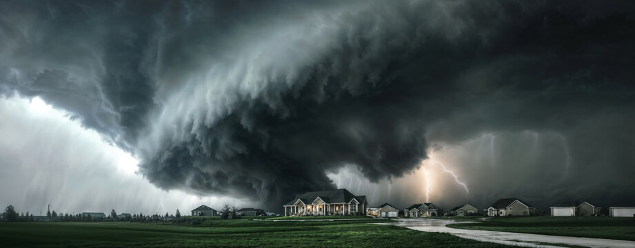 Tornado over community village. Scary illustration of natural phenomenon. AI-generated