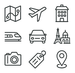 Travel Itinerary Icons. Outline icon set of travel itinerary planning: map, airplane, hotel, train, car, landmarks, camera,